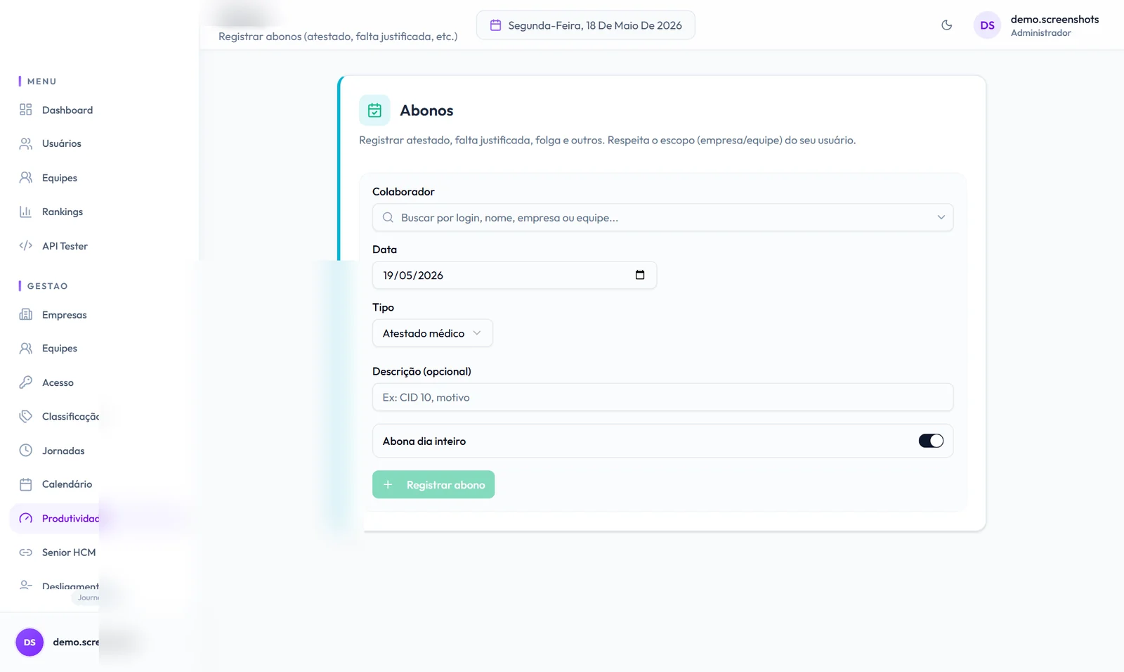 Tela de registro de abono do Baliza Journey, com colaborador, data, tipo e opção de abonar o dia inteiro