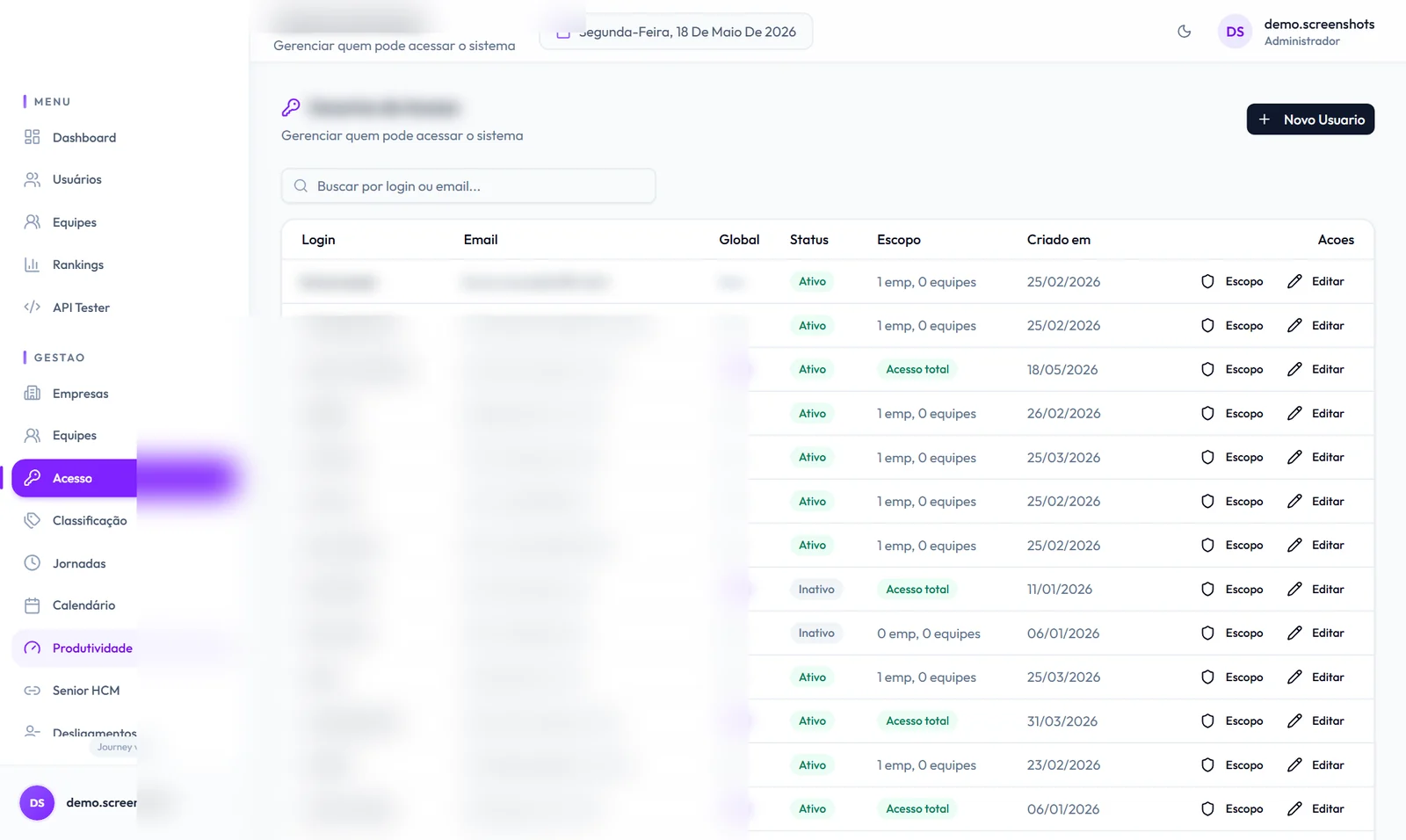 Tela de controle de acesso do Baliza Journey com a lista de usuários, escopo e status