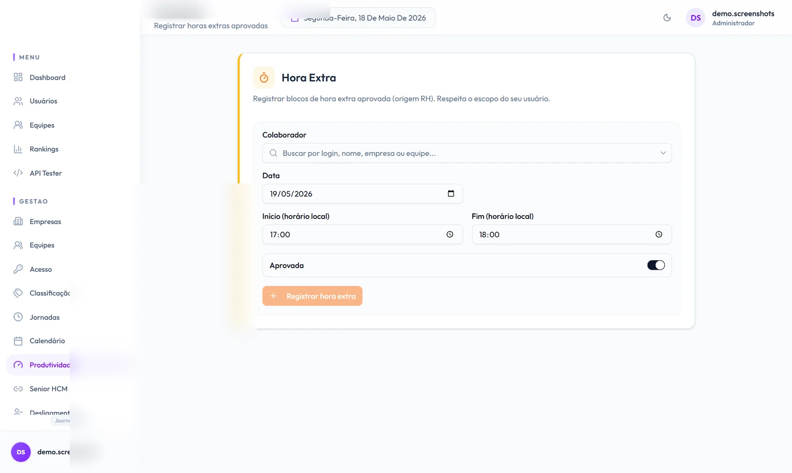 Tela de hora extra do Baliza Journey, com data, início, fim e o interruptor de aprovação